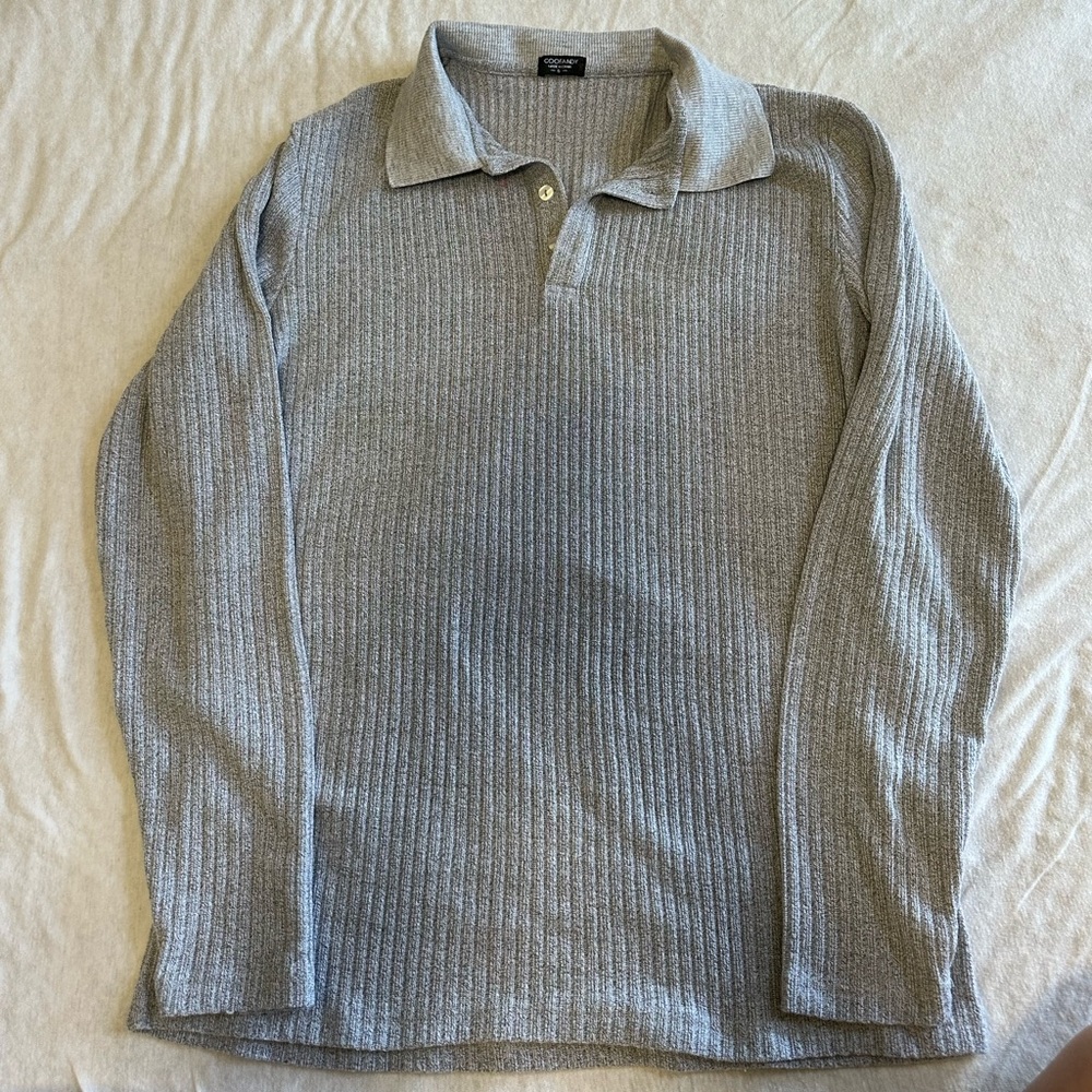 Gray Ribbed Long Sleeve Polo Shirt